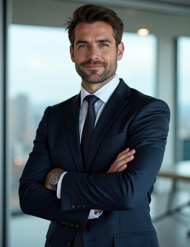 Ein Manager in einem klassischen, dunklen Business-Massanzug.