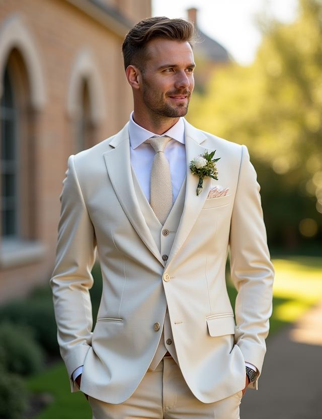 Ein Bräutigam in einem eleganten, hellen Massanzug am Hochzeitstag.