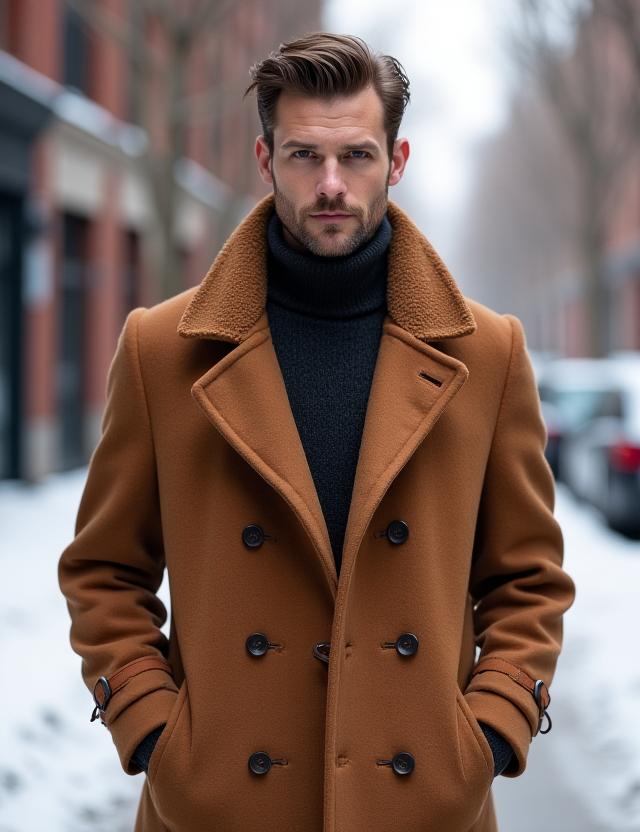 Ein Herr in einem massgeschneiderten Wollmantel im Winter.